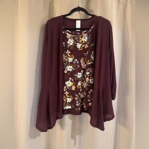 Women's Time and Tru NWT Burgundy Sweater with Floral Top